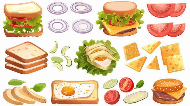 Vector cartoon sandwich ingredients for tasty burger