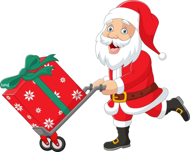 Cartoon santa claus carrying a gifts in trolley pushcart