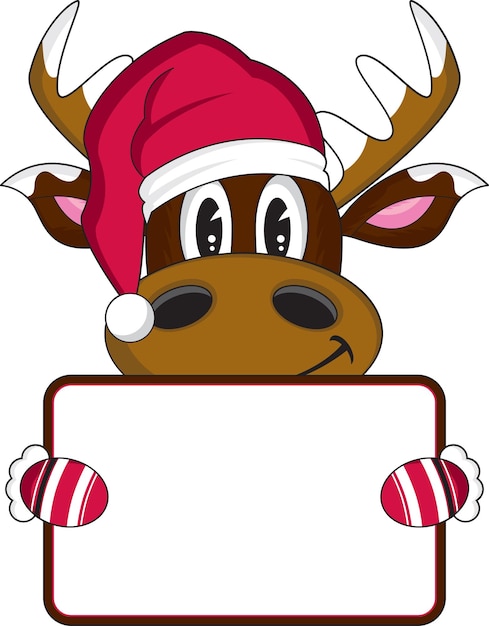 Cartoon Santa Claus Christmas Reindeer Character with Sign