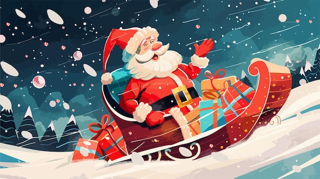 a cartoon of a santa claus riding a sled with a santa hat on it