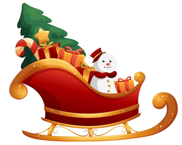 Cartoon Santa Claus sleigh with gifts and Christmas tree on transparent background