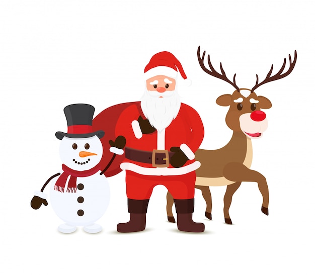 Vector cartoon santa claus, snowman and reindeers. christmas characters