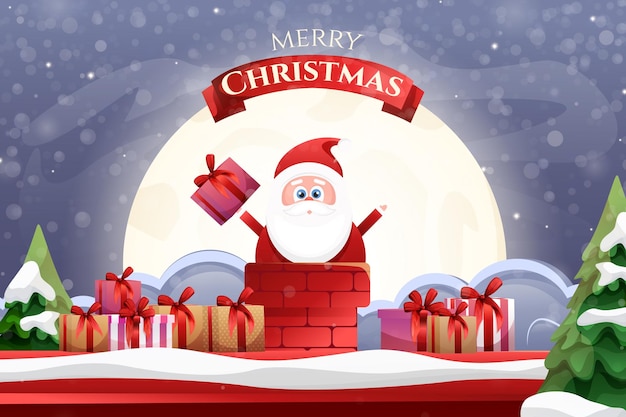 Cartoon Santa Claus with gifts going down to the treasure