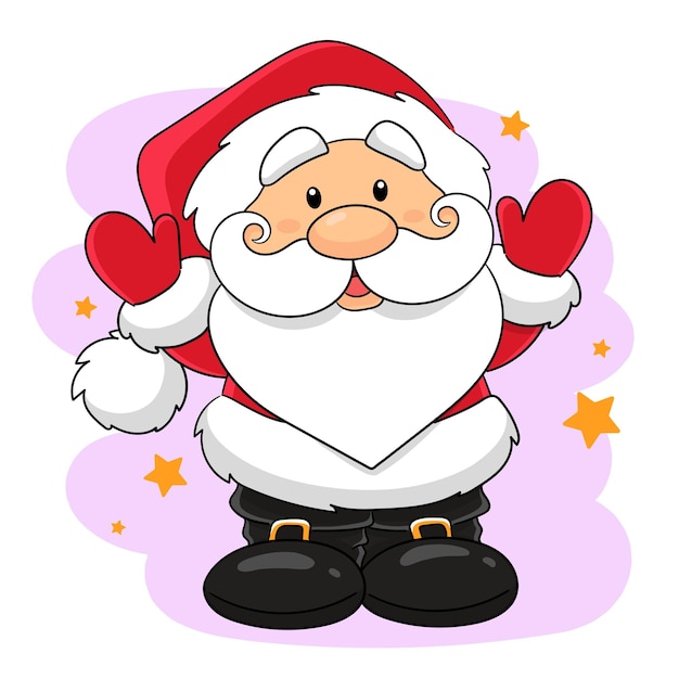 Cartoon Santa Claus with a white beard in a red hat with a pompom black boots and a red jacket