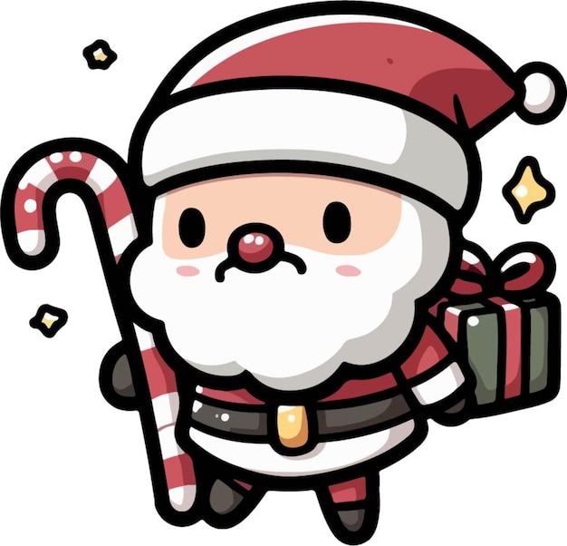 a cartoon of a santa with a candy cane and a santa hat