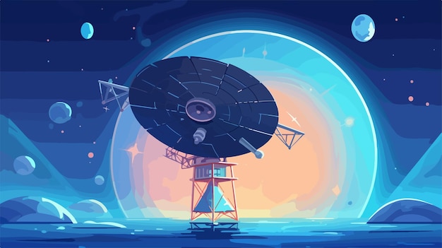 a cartoon of a satellite in space with a sunset in the background