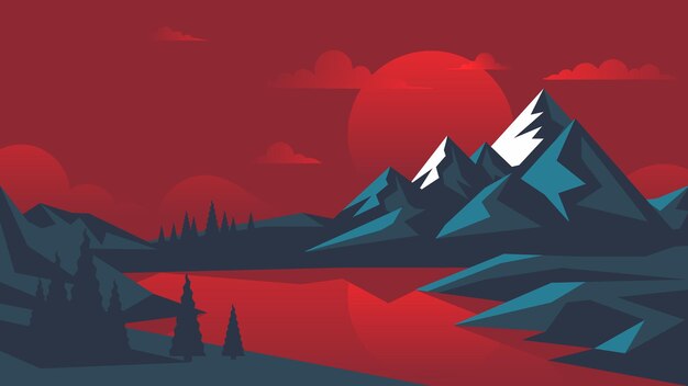 Vector cartoon scary landscape in red and dark blue tones with a lake on the background of mountains