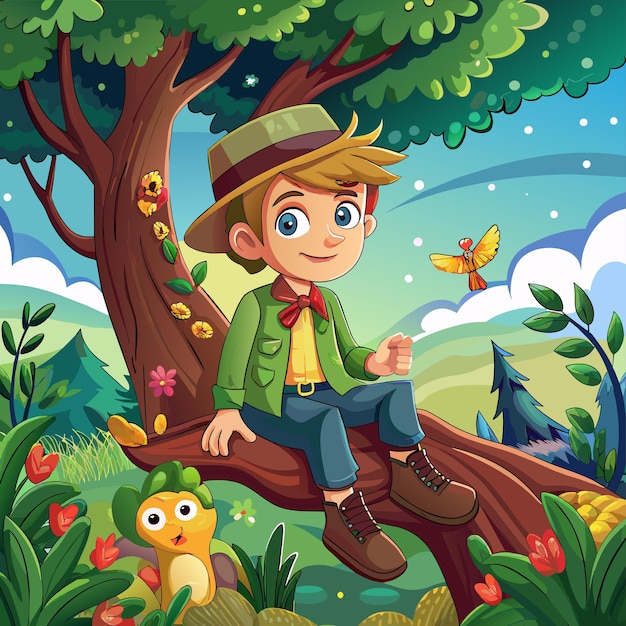 a cartoon scene of a boy sitting on a tree with birds and a bird