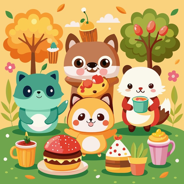 Vector a cartoon scene of a group of cute animals and cupcakes