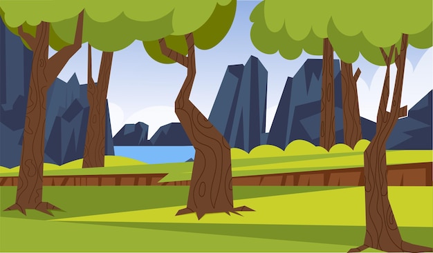 A cartoon scene with trees and mountains in the background.