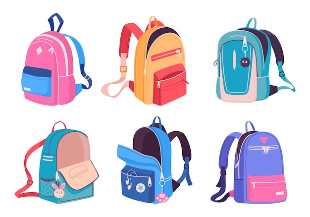 Cartoon school backpacks Empty school bags colorful open and close textile backpacks flat vector illustration set School sport or travel bags collection