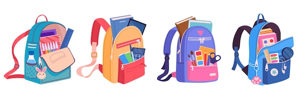 Cartoon school bags Colorful school backpacks cute school bags with school supplies and notebooks textile kids backpacks flat vector illustration set Multicolored backpacks collection