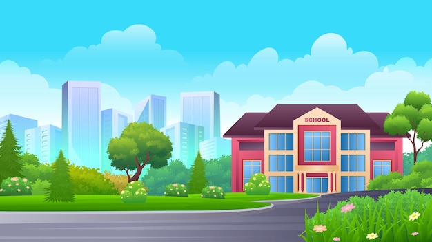 Cartoon school building in the countryside with lush green lawns, grass and trees illustration