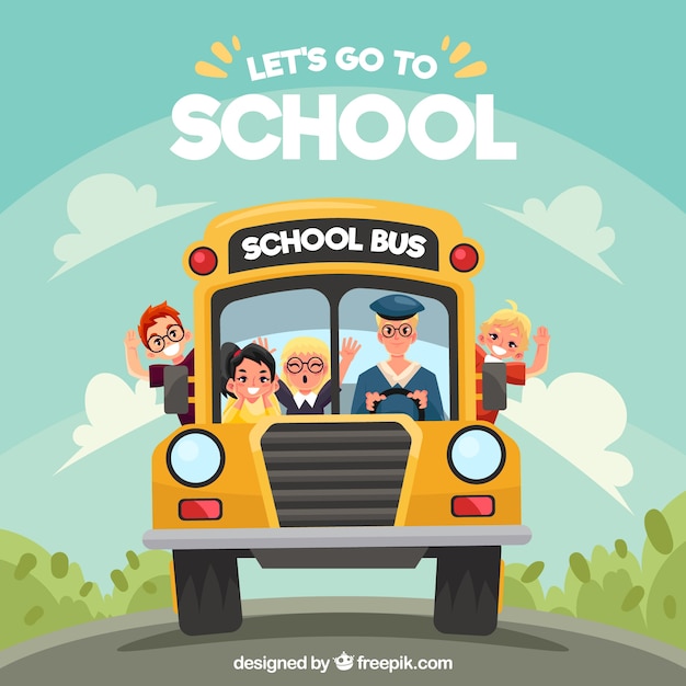 Cartoon school bus and children with flat design