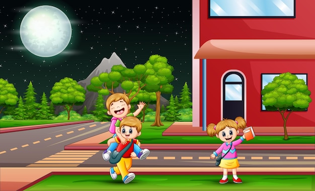 Cartoon school children going home through the city street