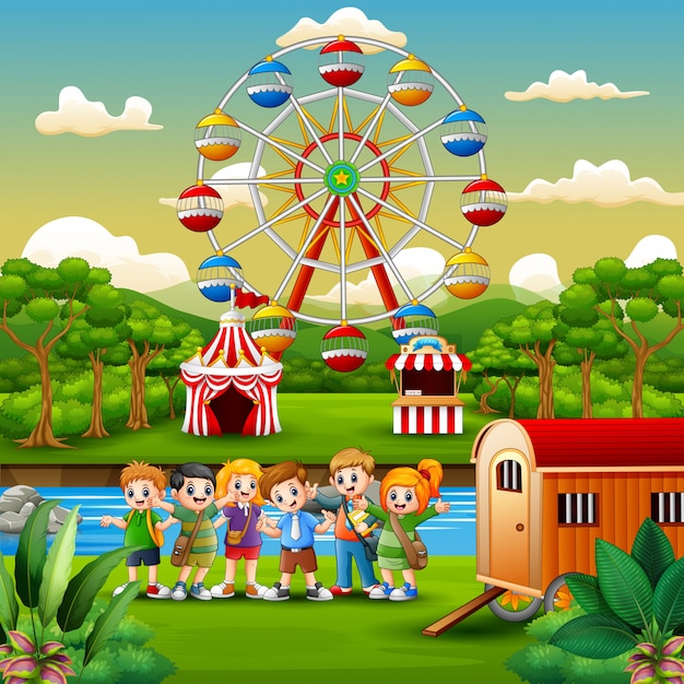 Cartoon of school children with amusement background