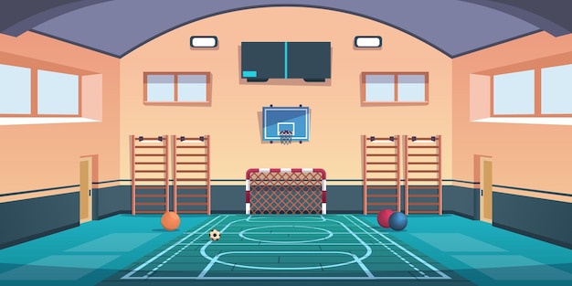 Cartoon school court Gym with basketball basket and football goal or gymnastic equipment Comfortable playground for playing games and training Vector gymnasium sport hall for workout