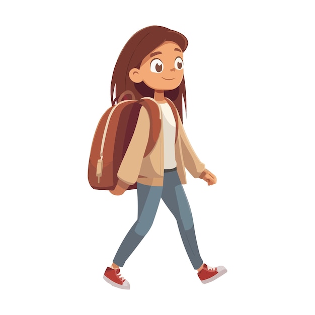 Vector cartoon school girl with backpack walking isolated on white background