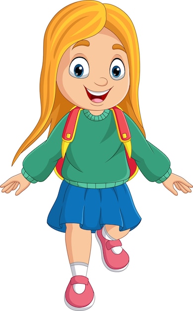 Cartoon school girl with backpack walking