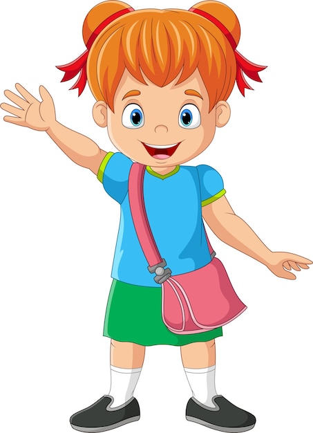 Cartoon school girl with backpack waving hand