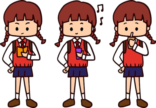 Cartoon School kids student Cute girl with different standing poses Isolated character EPS10