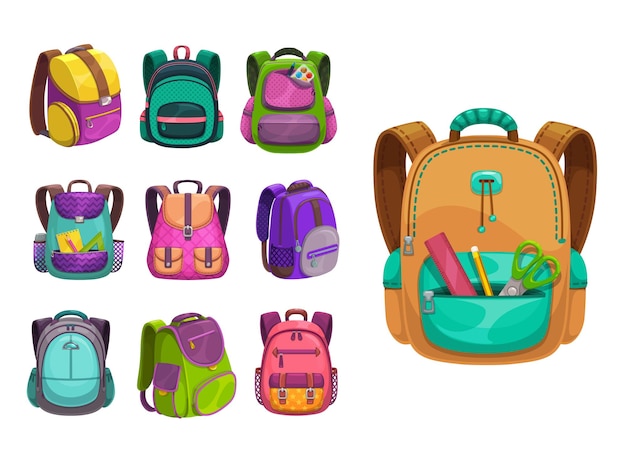 cartoon schoolbags icons, kids school bags, knapsacks and rucksacks