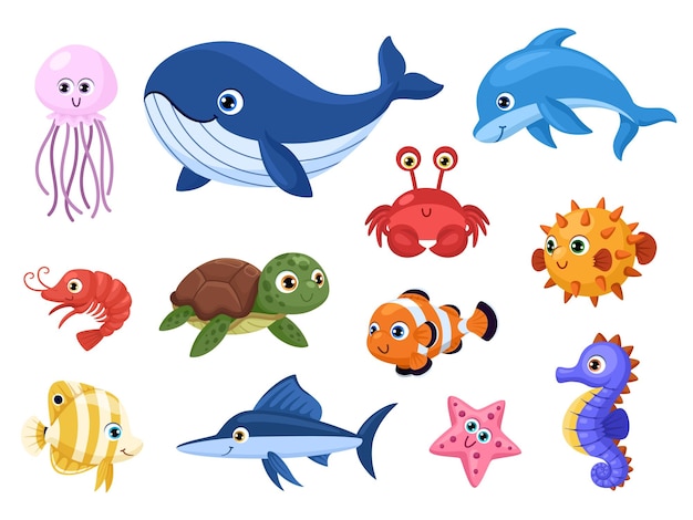 Cartoon sea animal Tropical ocean animals funny fish turtle and dolphin Cute whale and jellyfish marine creature Garish underwater vector characters