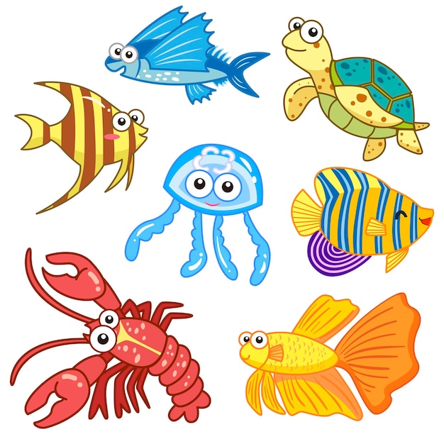 cartoon sea animals set with white background