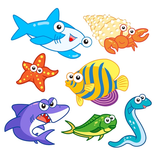 cartoon sea animals set with white background