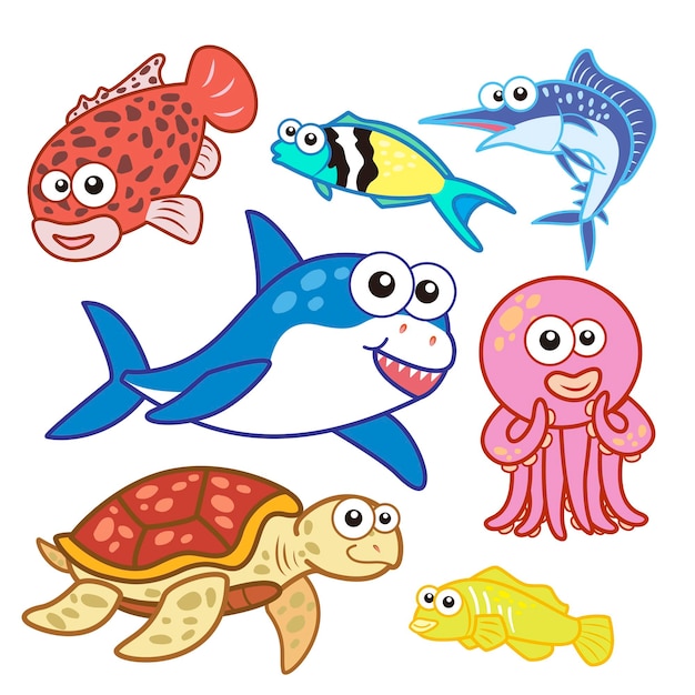 cartoon sea animals set with white background