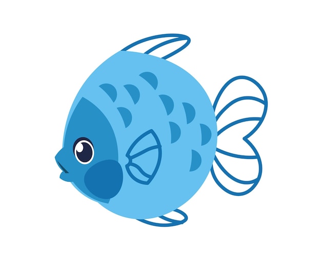 Cartoon sea fish with big eyes Cute aquatic tropical animal Undersea creature with fins and blue scales Isolated aquarium swimming funny pet Underwater exotic fauna Vector marine nature element