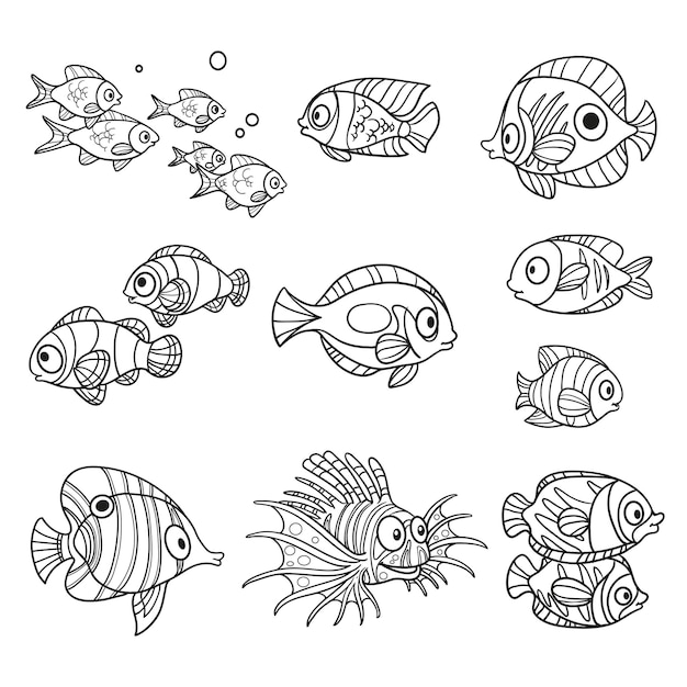 Cartoon sea fishes set outlined isolated on a white background