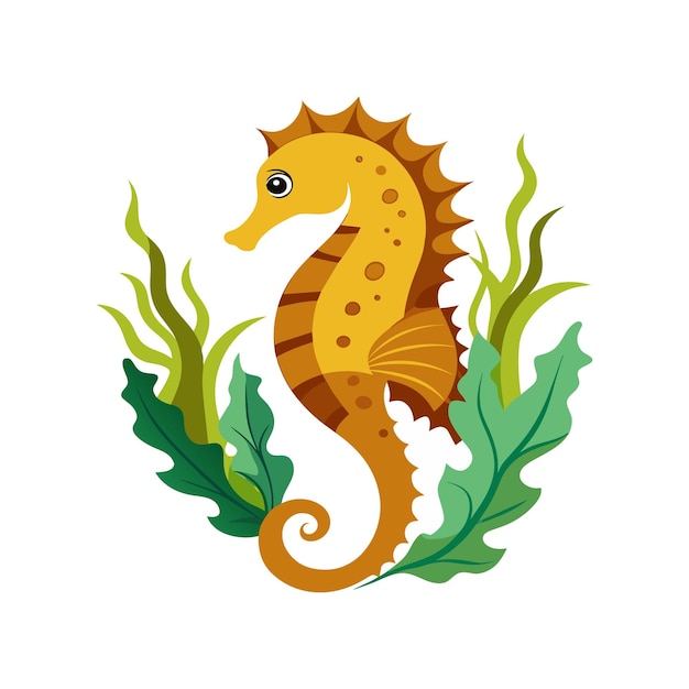 a cartoon of a seahorse with green leaves and a seahorse