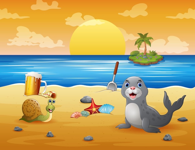 Cartoon a seal and snail on the beach