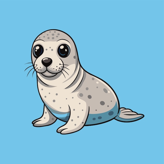 a cartoon seal with eyes and a blue shirt with a white seal on the back