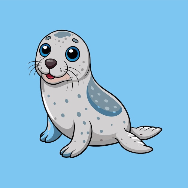 a cartoon seal with a white dot on its face and a blue background