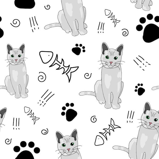 Cartoon seamless bicolor cats pattern art background design for fabric and decor