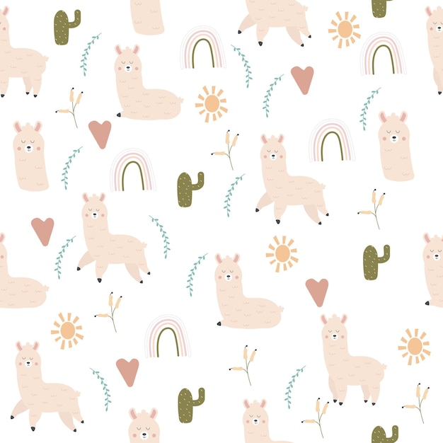 Cartoon seamless llama pattern Vector illustration