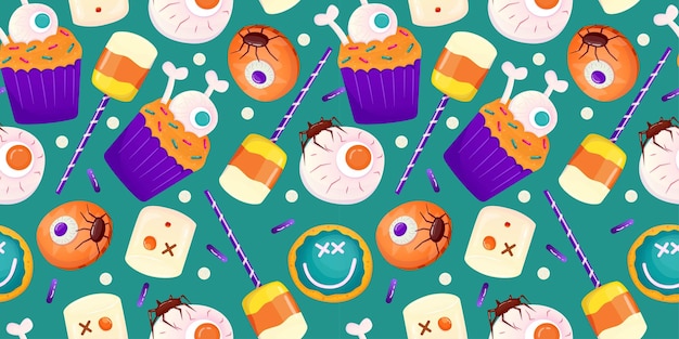 Cartoon seamless pattern halloween sweet dessert Fantasy eyeball cake candy colorful illustration Cute candy wallpaper Magic print Cartoon vector illustration Happy halloween