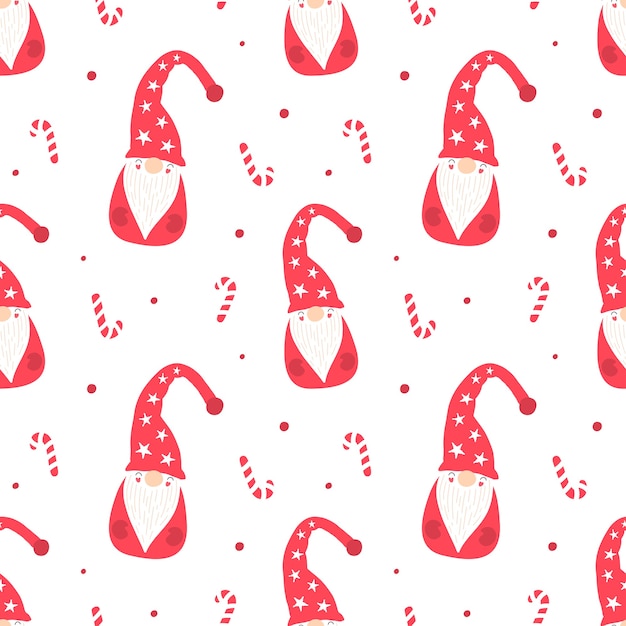 Cartoon seamless pattern Santa Claus, a gnome in red cap, lollipops. Christmas print for packaging, fabric, wallpaper, illustration for children.