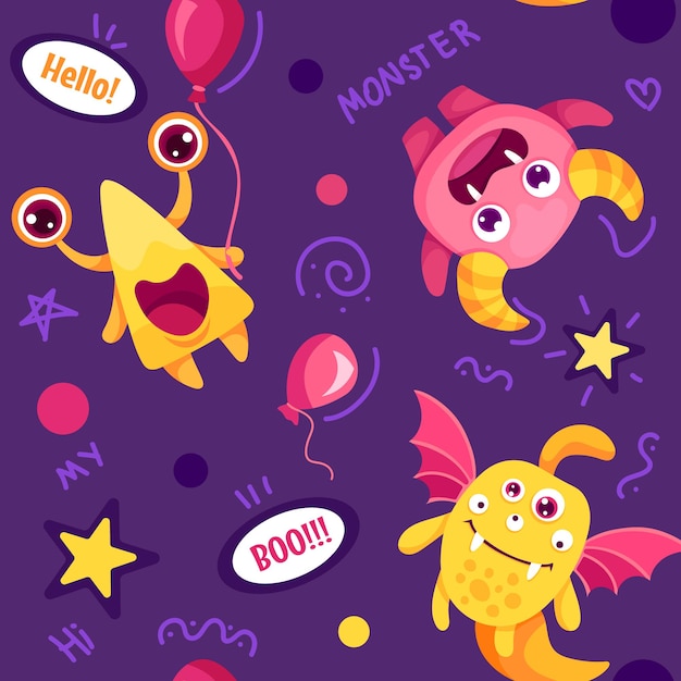 Cartoon seamless pattern with Cute Monsters for childen backgrounds, fabrics, textile graphics, prints. Flat Vector illustration