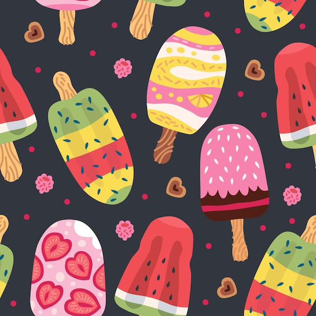 Cartoon seamless pattern with ice cream in waffle cones