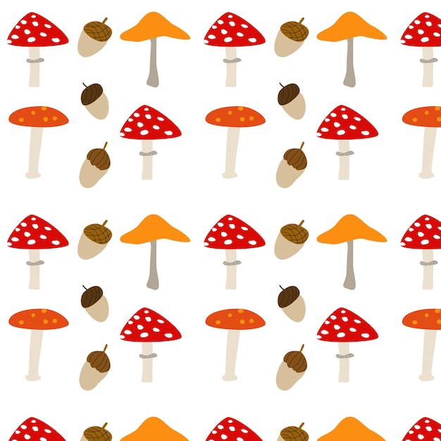 Cartoon seamless pattern with mushrooms and acorn