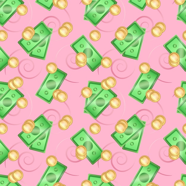 Cartoon seamless pink pattern with three dimensional green banknotes and golden coins