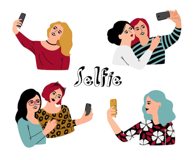 Cartoon selfie set. Young happy female characters holding smartphones and taking selfies, flat vector illustration of women and devices for photo isolated on white background