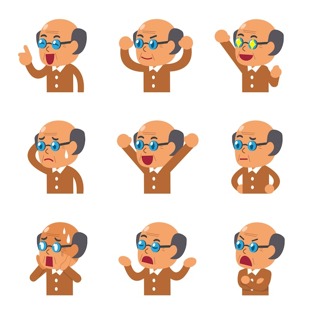 Cartoon senior man faces showing different emotions