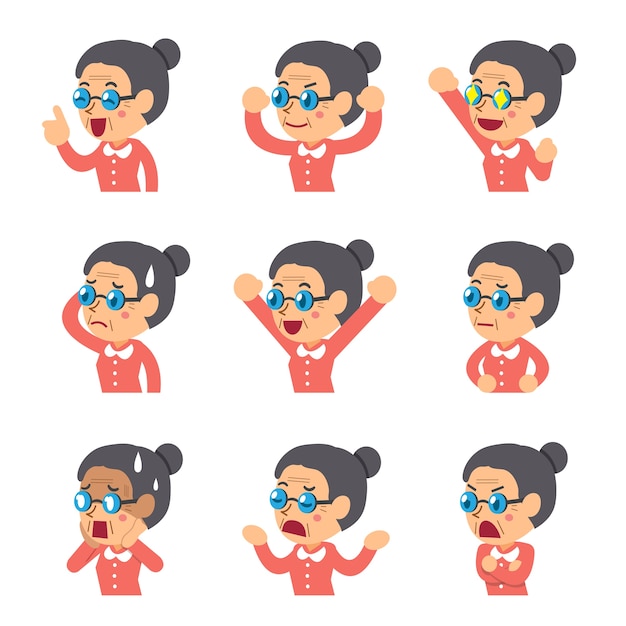 Vector cartoon senior woman faces showing different emotions