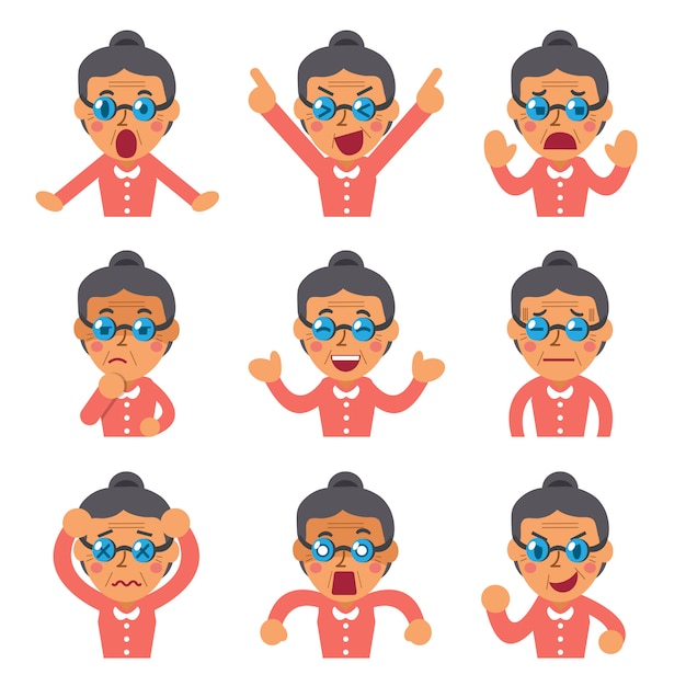 Vector cartoon senior woman faces showing different emotions