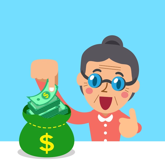 Cartoon senior woman with money bag