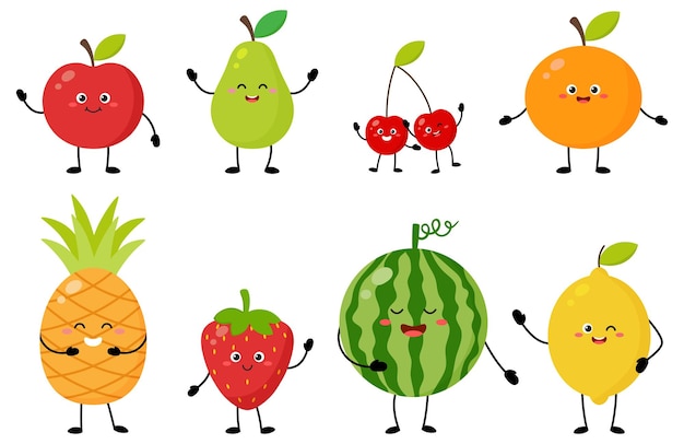 Cartoon set of cheerful cute fruits characters with different poses and emotions.